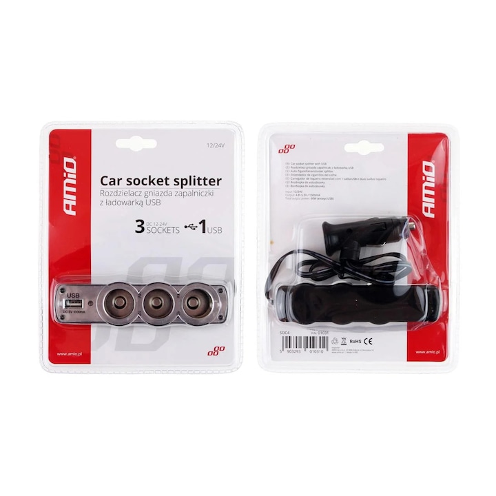 Splitter bricheta auto 3+1 USB, 12/24V, curent 1A, protectie 5A, negru