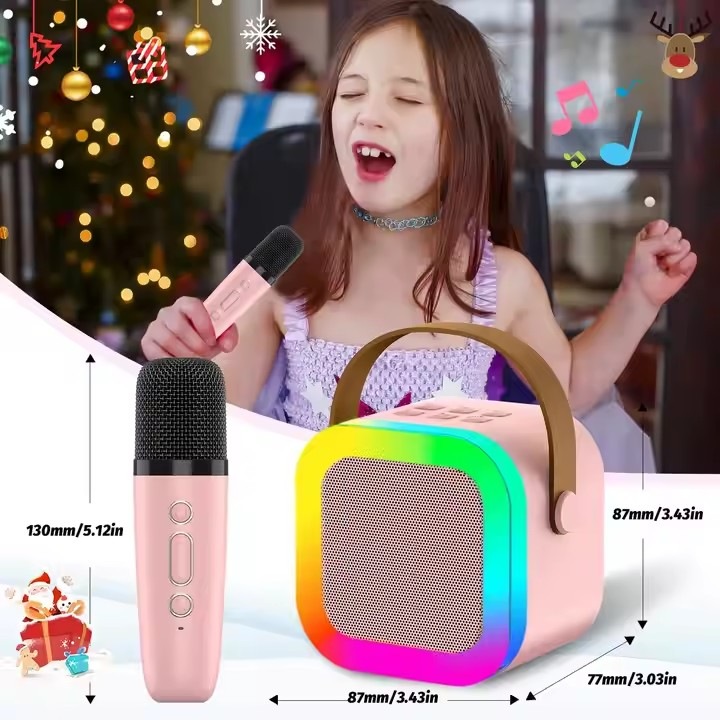 Hordozható Bluetooth karaoke hangszóró K12 2 vezeték nélküli mikrofonnal, RGB LED-del, FM rádióval, MP3-mal, TF kártyával, AUX-szal, gyermek és felnőtt bulikra, erőteljes hangzással