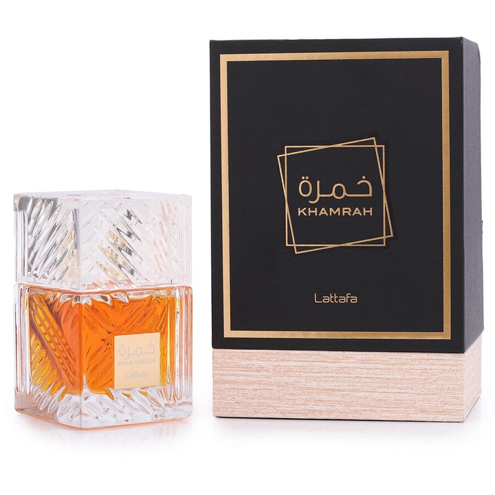 Set Apa de Parfum Khamrah, Lattafa, Unisex, 100ml cu mostra 2ml