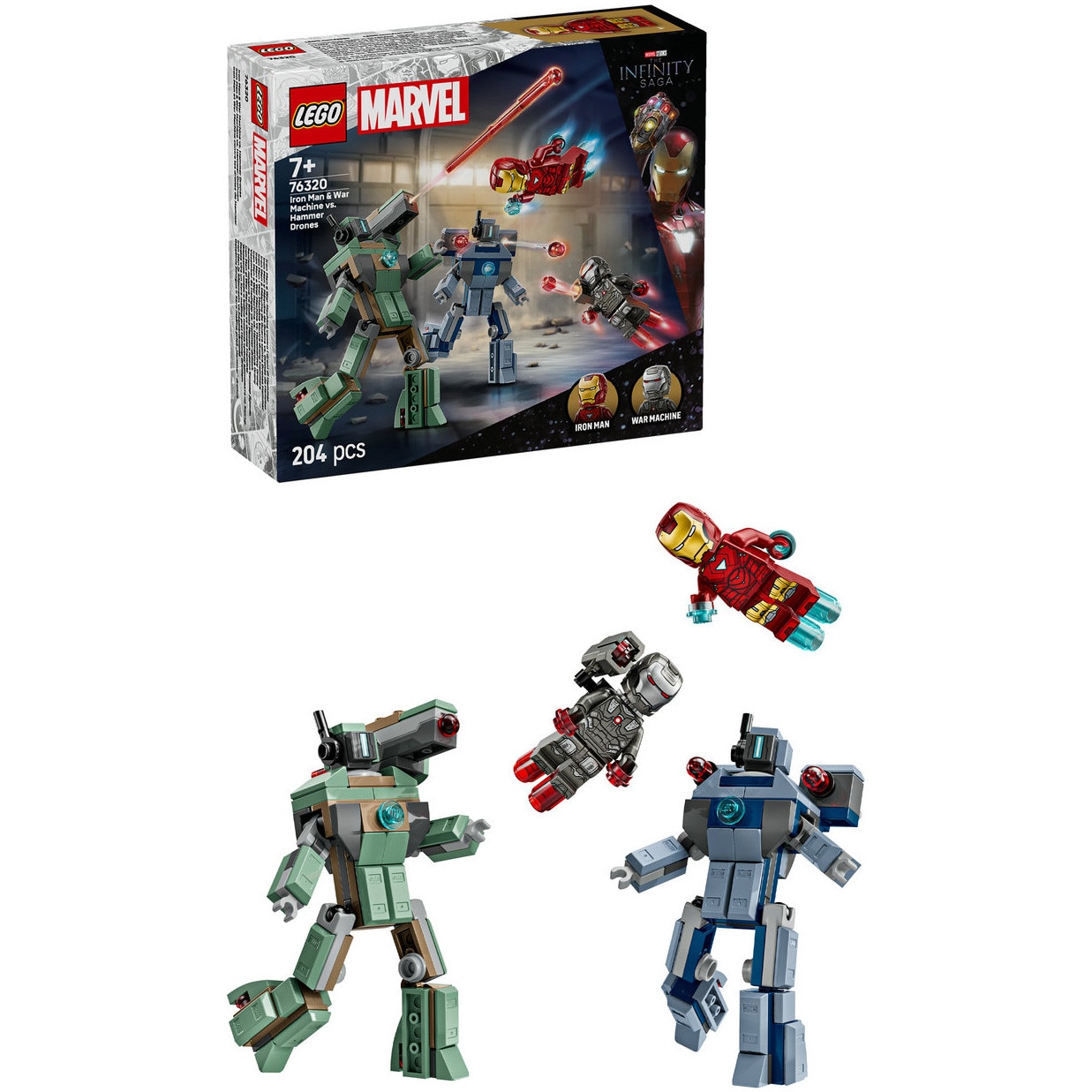 LEGO® Marvel - Iron Man si War Machine vs dronele Hammer 76320, 204 piese