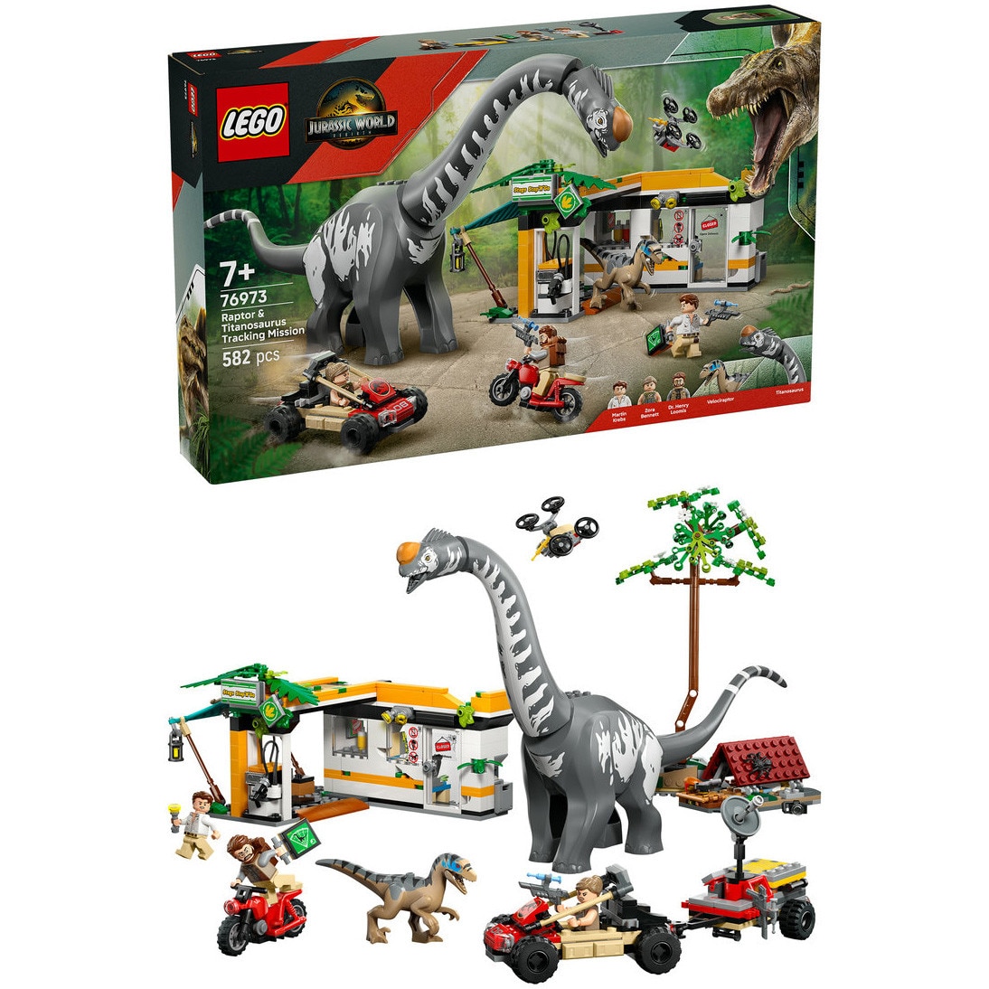 LEGO® Jurassic World - Misiune de urmarire a unui Velociraptor si a unui Titanosaurus 76973, 582 piese