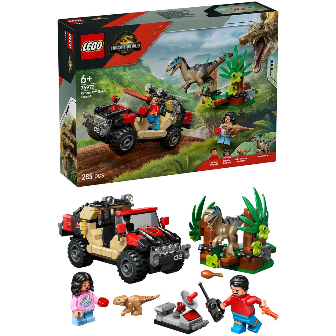 LEGO® Jurassic World - Evadare off-road din calea unui Velociraptor 76972, 285 piese