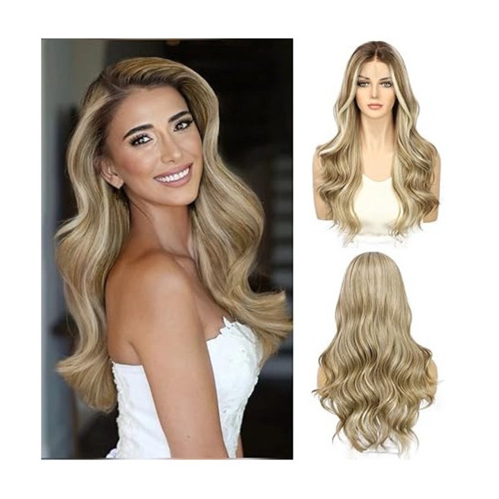 Peruca sintetica Sapphirewigs, 56 cm, blond, bucle lejere, suvite deschise, prestilizata