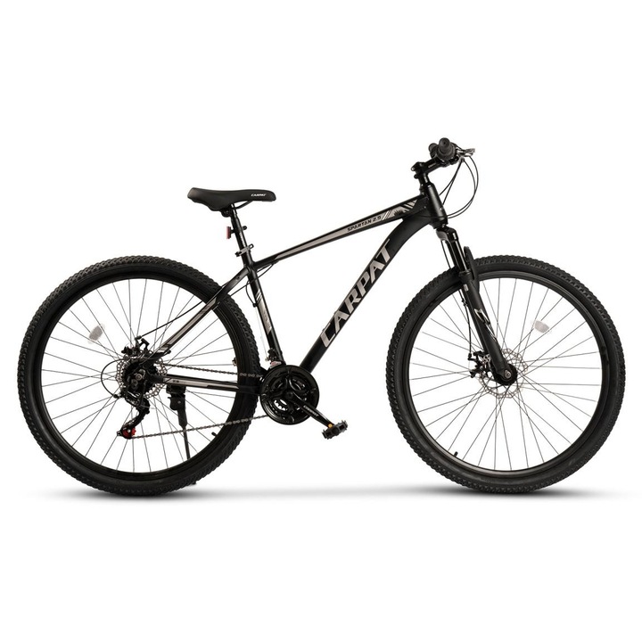 Carpat Spartan C2999G 29" MTB kerékpár, alumínium váz, 21 sebesség, Shimano felszerelés, mechanikus tárcsafékek, forgókarok, integrált bowdenek, fekete/szürke