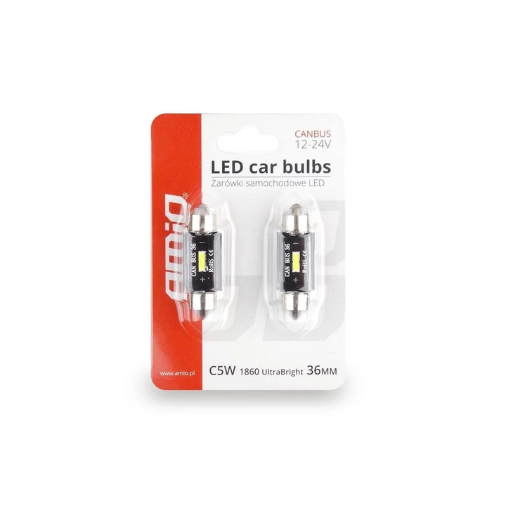 Set becuri LED, Amio, CANBUS sofit C5W 1 SMD 36mm Alb 12/24V