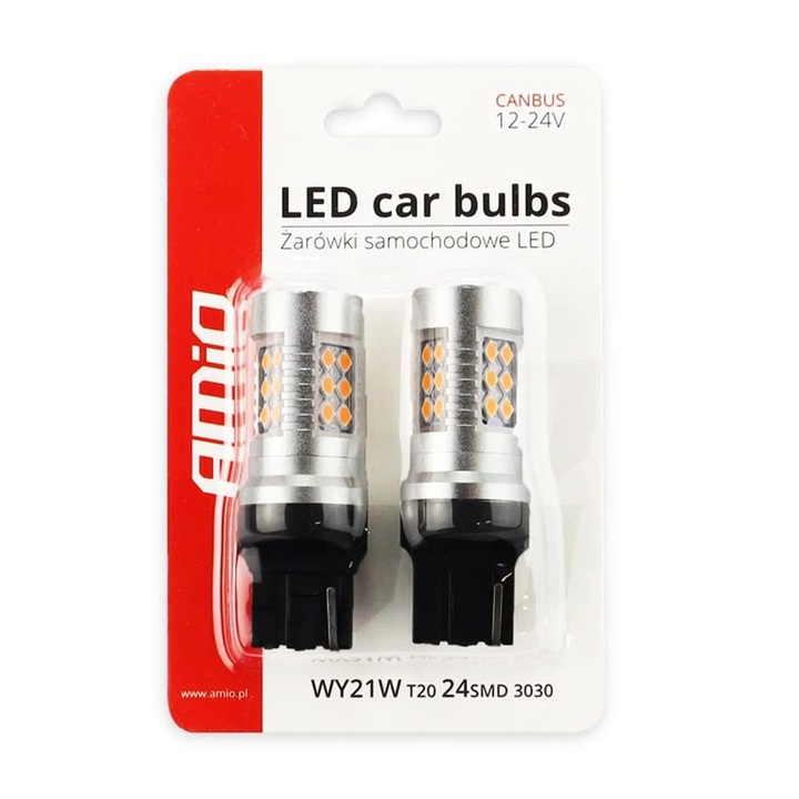 Set becuri auto cu LED CANBUS, 3030, 24SMD, compatibil T20, 7440, WY21W, Portocaliu, 12V / 24V, destinat competitiilor auto sau off-road