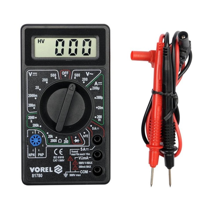 Multimetru Vorel 81780, 0-500V AC/DC, 0-5A, 0-2MO, negru