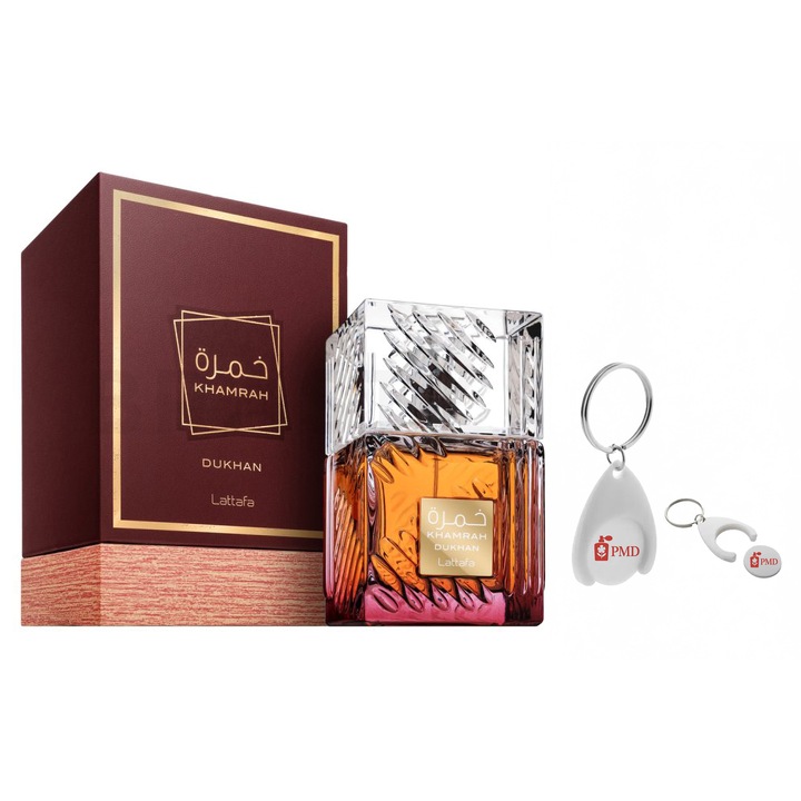 Set Apa de parfum Khamrah Dukhan, Lattafa, Unisex, 100ml, Breloc Personalizat "PMD"