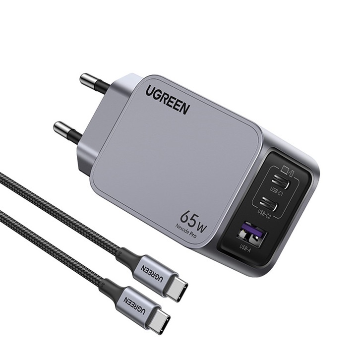Incarcator de retea Ugreen, 2 porturi USB-C si un port USB, 65 W, cu cablu inclus, culoare Gri