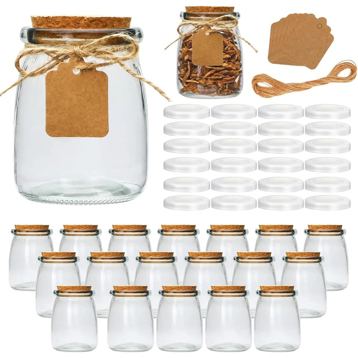 20 darabos kis Elindor® üvegbefőttesüveg készlet parafa fedéllel, 200 ml, joghurtos, desszertes, mézes, keresztelői ajándéktárgyakhoz, testreszabható címkékkel, tökéletes kreatív ajándékokhoz és különleges eseményekhez, átlátszó