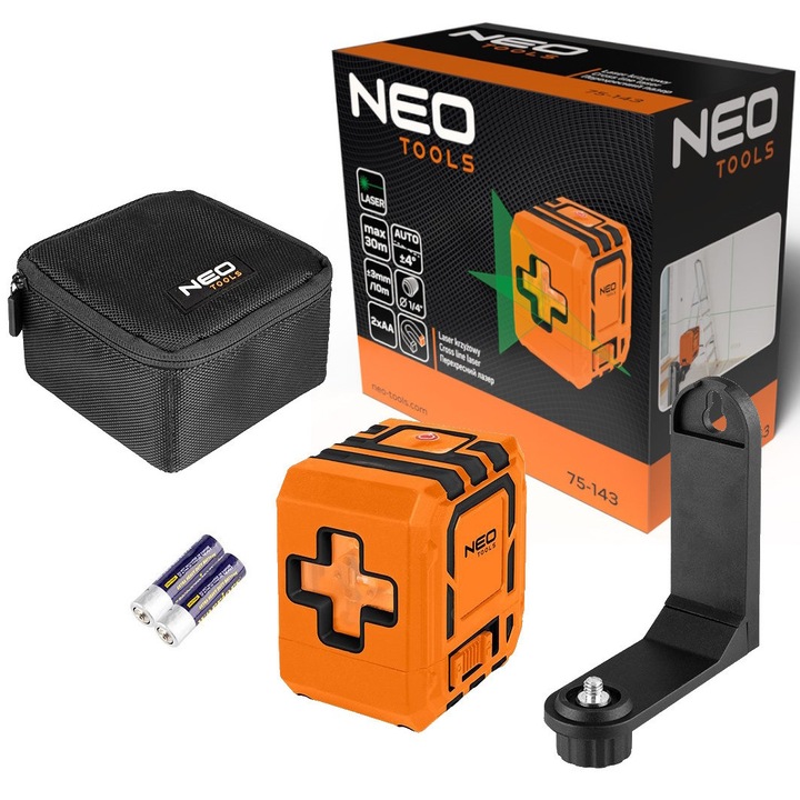 Зелен кръстосан лазер 30 м с магнитен държач и калъф NEO TOOLS