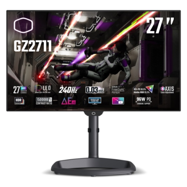 OLED Játékmonitor CoolerMaster 27" GZ2711, QHD 2560 x 1440, HDMI, DisplayPort, Hangszórók, Pivot, 240 Hz, 0,03 ms Fekete
