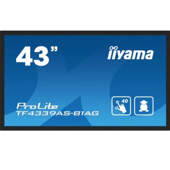 Iiyama IPS LED professzionális képernyő 42,5" TF4339AS-B1AG, UHD 3840 x 2160, HDMI, DisplayPort, hangszórók, érintőképernyő, fekete
