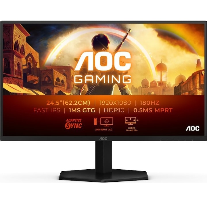 AOC 25G42E Gaming monitor, 24.5" Gyors IPS LED, Full HD 1920 x 1080, HDMI, DisplayPort, 180 Hz, 1 ms Fekete/Piros