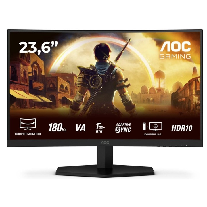 AOC 23.6" C24G42E VA LED геймърски монитор, Full HD 1920 x 1080, HDMI, DisplayPort, извит екран, високоговорители, 180 Hz, 4 ms черно/червено