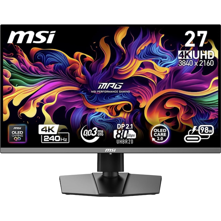MSI MPG 26.5" 272URX QD-OLED gamer monitor, UHD 3840 x 2160, HDMI, DisplayPort, Pivot, 240 Hz, 0.03 ms fekete