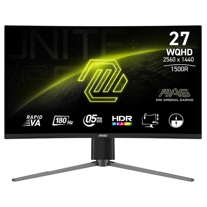 Monitor Rapid VA LED MSI 27" MAG 27CQ6PF, WQHD 2560 x 1440, HDMI, DisplayPort, Ívelt képernyő, 180 Hz, 0,5 ms Fekete