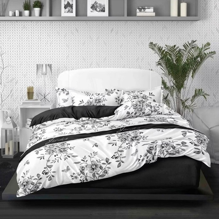 Lenjerie de pat matrimonial cu husa elastic pat si fata perna dreptunghiulara, Brigit, bumbac mercerizat, multicolor, 4 piese