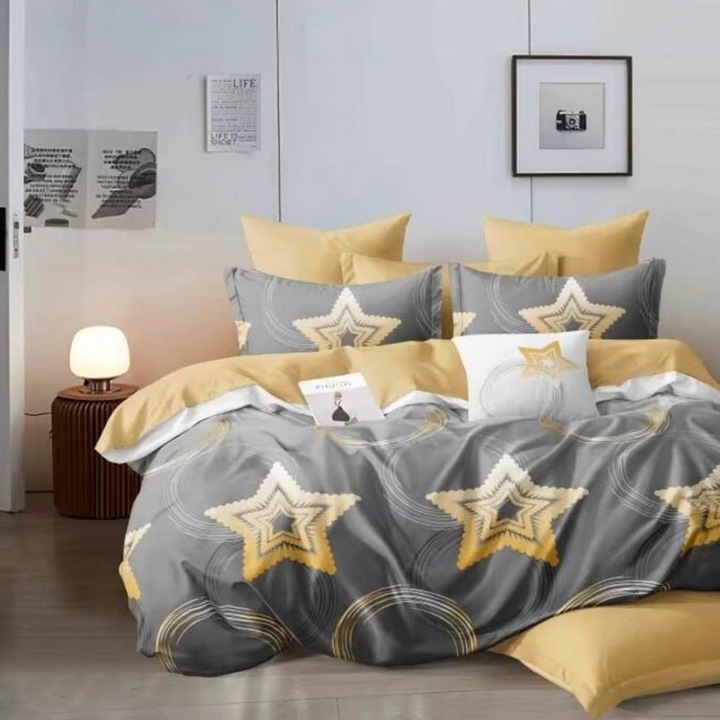 Kétszemélyes ágyneműhuzat négyzet alakú párnahuzattal, Stelaria, mercerizált pamut, többszínű