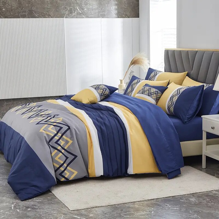 Lenjerie de pat pentru o persoana cu husa de perna dreptunghiulara, Norell, bumbac mercerizat, multicolor, 3 piese