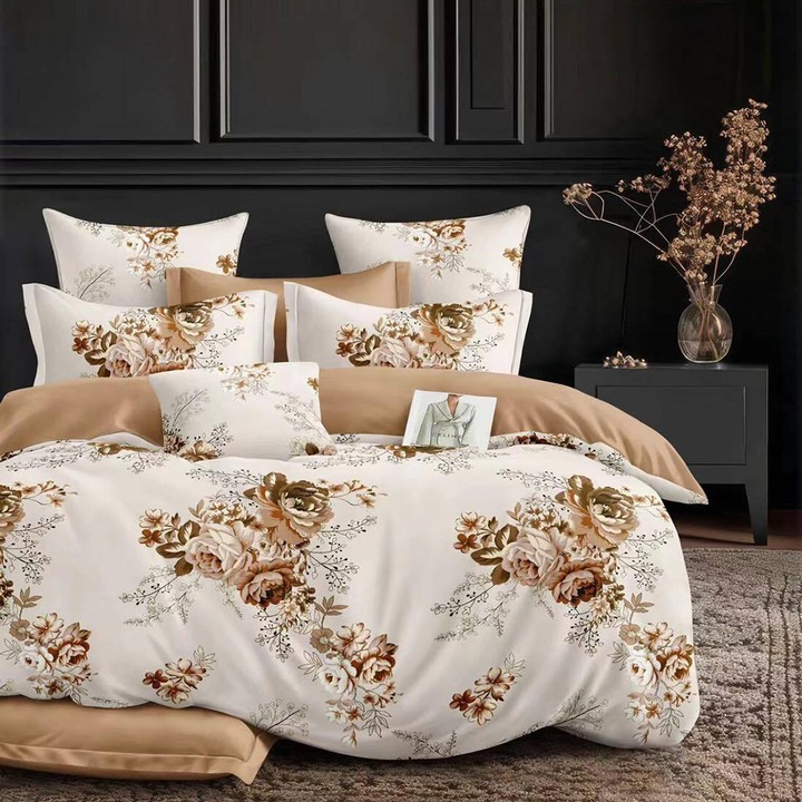 Lenjerie de pat pentru o persoana cu 2 huse de perna patrata, Elin, bumbac mercerizat, multicolor, 4 piese