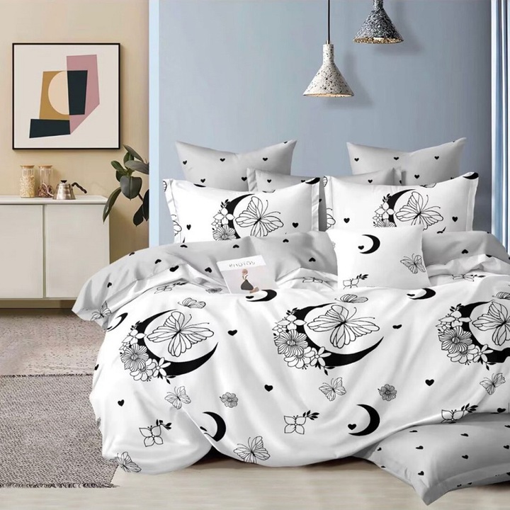 Lenjerie de pat pentru o persoana cu husa de perna patrata, Miamere, bumbac mercerizat, multicolor, 3 piese