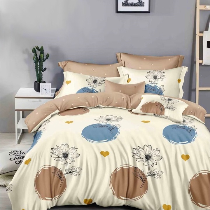 Lenjerie de pat pentru o persoana cu husa elastic pat si 2 fete perna patrata, Danzia, bumbac mercerizat, multicolor, 4 piese