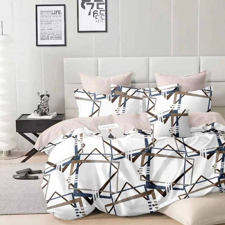 Egyszemélyes ágyneműhuzat rugalmas ágyneműhuzattal és négyzet alakú párnahuzattal, Solveig, mercerizált pamut, többszínű