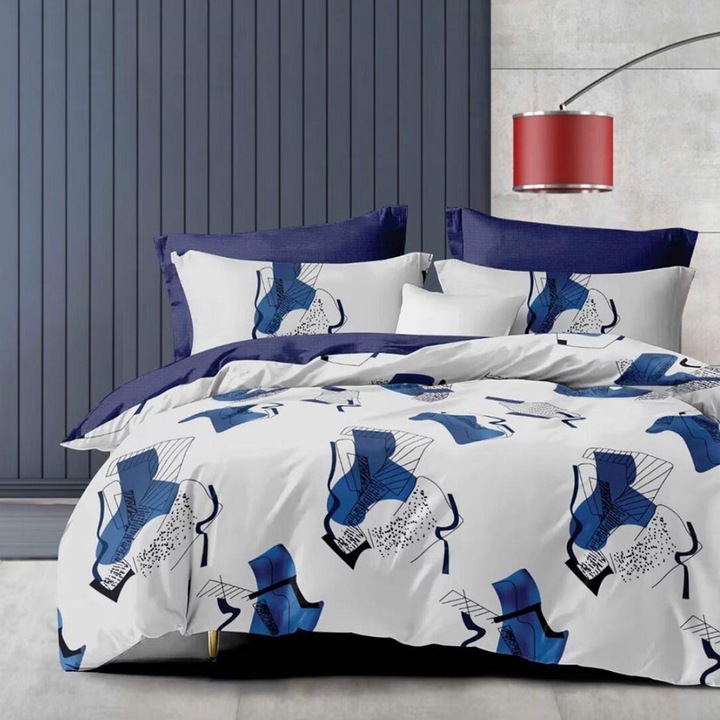 Lenjerie de pat matrimonial SUPER cu husa de perna dreptunghiulara, Ensio, bumbac mercerizat, multicolor, 4 piese