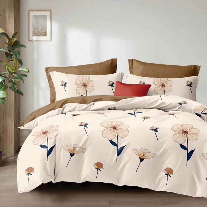 Lenjerie de pat pentru o persoana cu 2 huse de perna dreptunghiulara, Baisha, bumbac mercerizat, multicolor, 4 piese