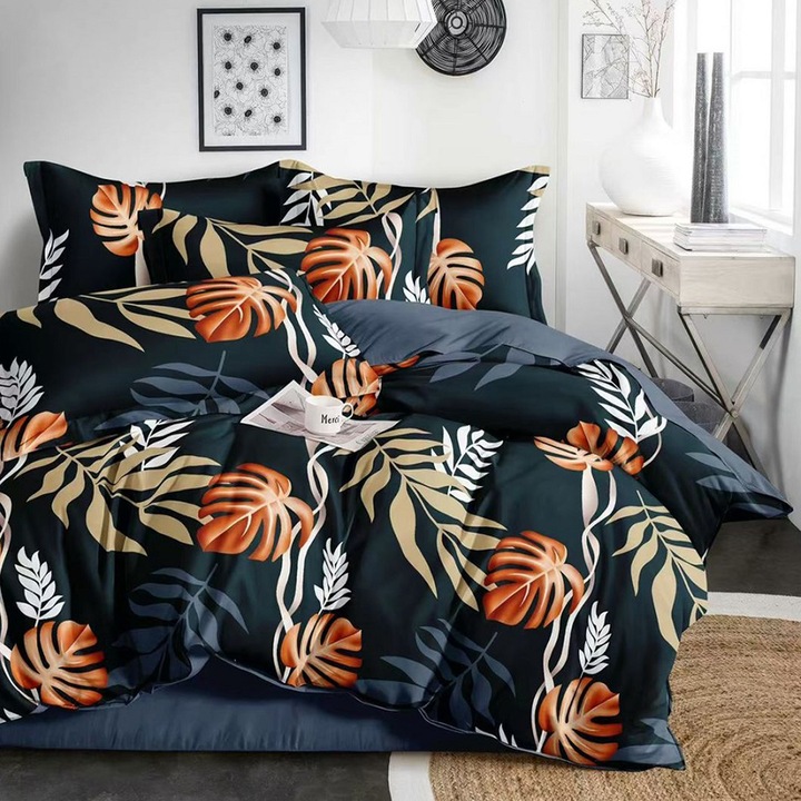 Lenjerie de pat matrimonial SUPER cu husa de perna dreptunghiulara, Panopa, bumbac mercerizat, multicolor, 4 piese