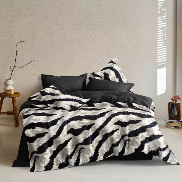 Lenjerie de pat pentru o persoana cu husa de perna dreptunghiulara, Zealand, bumbac mercerizat, multicolor, 3 piese