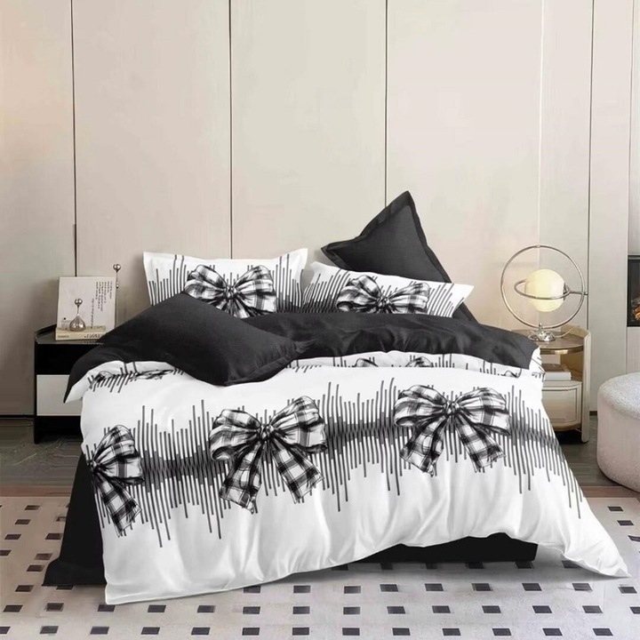 Lenjerie de pat matrimonial cu husa de perna patrata, Ribon, bumbac mercerizat, multicolor, 4 piese