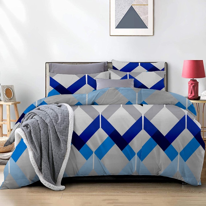 Lenjerie de pat pentru o persoana cu 2 huse de perna dreptunghiulara, Limerick, bumbac mercerizat, multicolor, 4 piese