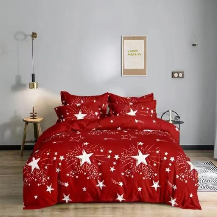 Lenjerie de pat pentru o persoana cu husa elastic pat si fata perna dreptunghiulara, Tudi, bumbac mercerizat, multicolor, 3 piese