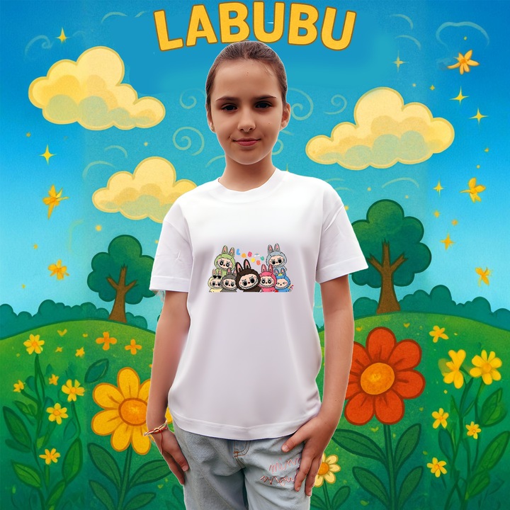 Tricou Labubu gasca completa, Copii, 100% bumbac, Cri-Flo, Culoare Alb, Marime 9-10 ani, 146 CM