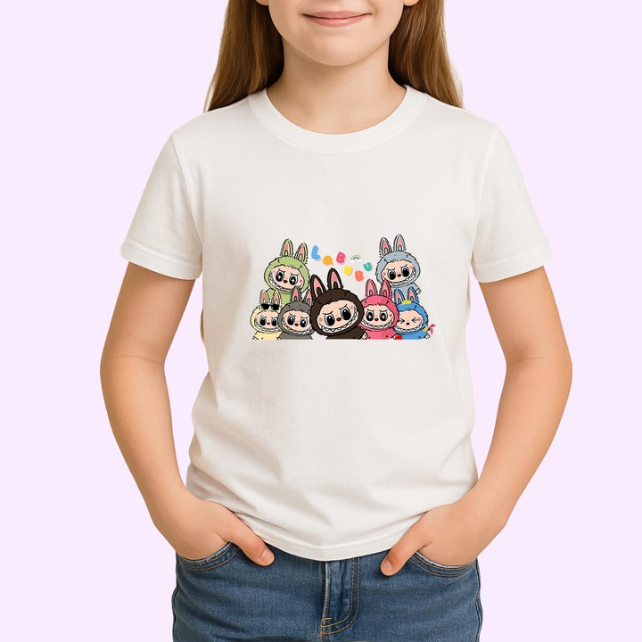 Tricou Labubu gasca completa, Copii, 100% bumbac, Cri-Flo, Culoare Alb, Marime 9-10 ani, 146 CM
