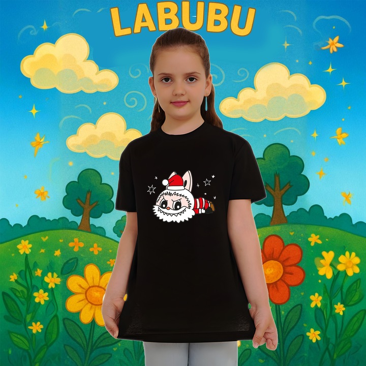 Tricou Labubu mos culcat, Copii, 100% bumbac, Cri-Flo, Culoare Negru, Marime 5-6 ani, 122 CM