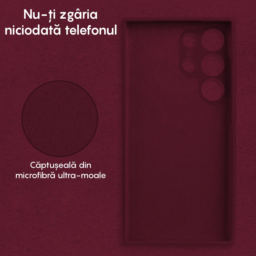 Husa CASEY STUDIOS™ compatibila cu Samsung Galaxy S24 Ultra, Soft Silicone Premium, Microfibra in Interior, de Protectie, Ultra Slim, pentru Incarcare Wireless, Margini Ridicate pentru Protectia Ecranului si a Camerelor, Bordeaux