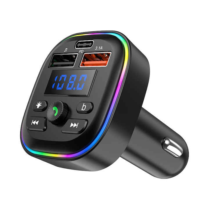Modulator FM Bluetooth 5.3, Handsfree Car Kit, Transmitator FM cu functie incarcare rapida, Fast Charge Type-C si USB 3.0, LED RGB, Lumina Ambientala, 12-24V, Negru