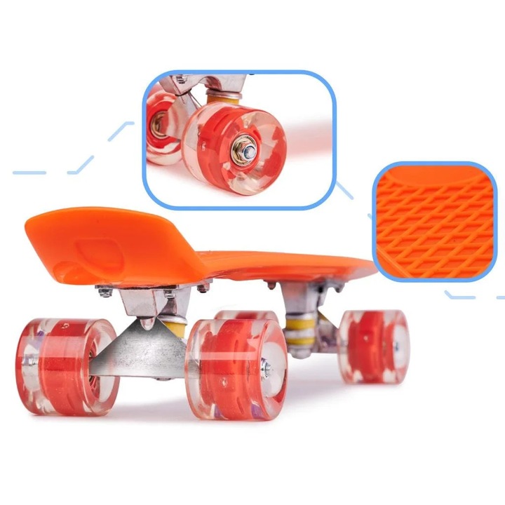 Skateboard Penny Board pentru copii cu roti din cauciuc, iluminate LED, culoare Portocaliu