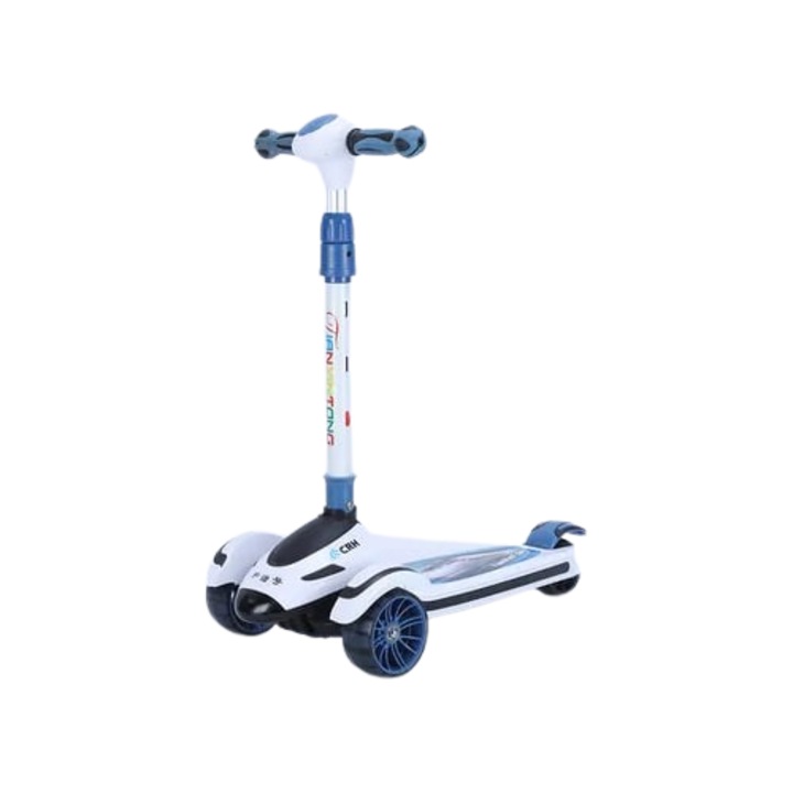 Háromkerekű roller pedálokkal és csúszásgátló gombokkal, világító kerekekkel, fehér és kék, 80x20x50 cm