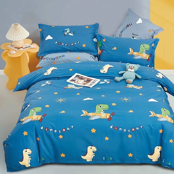 Egyszemélyes ágyneműhuzat rugalmas ágyneműhuzattal és téglalap alakú párnahuzattal, Dinoszaurusz, ranforce pamut, anyagvastagság 120 g/nm, többszínű