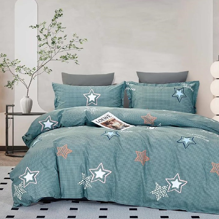 Lenjerie de pat matrimonial cu husa elastic pat si fata perna patrata, Dinant, bumbac ranforce, gramaj tesatura 120 g/mp, multicolor, 4 piese