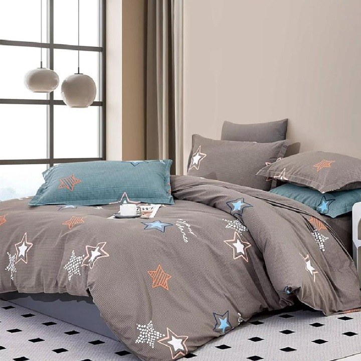 Lenjerie de pat matrimonial SUPER cu husa de perna patrata, Namur, bumbac ranforce, gramaj tesatura 120 g/mp, multicolor, 4 piese