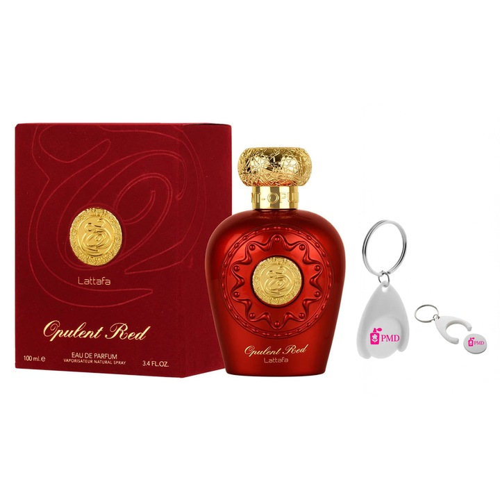 Set Apa de parfum Opulent Red, Lattafa, Femei, 100ml cu Breloc Personalizat "PMD"