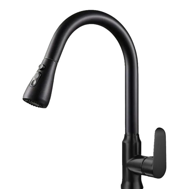 Смесител за мивка NEXTLY тип лебед, въртене на 360°, разтегателна и прибираща се глава, 2 вида струя, нормална и тип дъжд, бутон за спиране на струята, матово черно