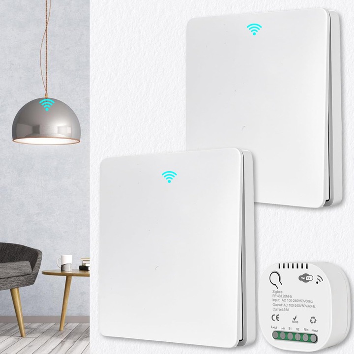 Intrerupatoare cinetice wireless Veridion®, wireless, compatibile cu Tuya, Alexa si Google Home, Wifi, 2 Comutatoare + 1 Receptor smart