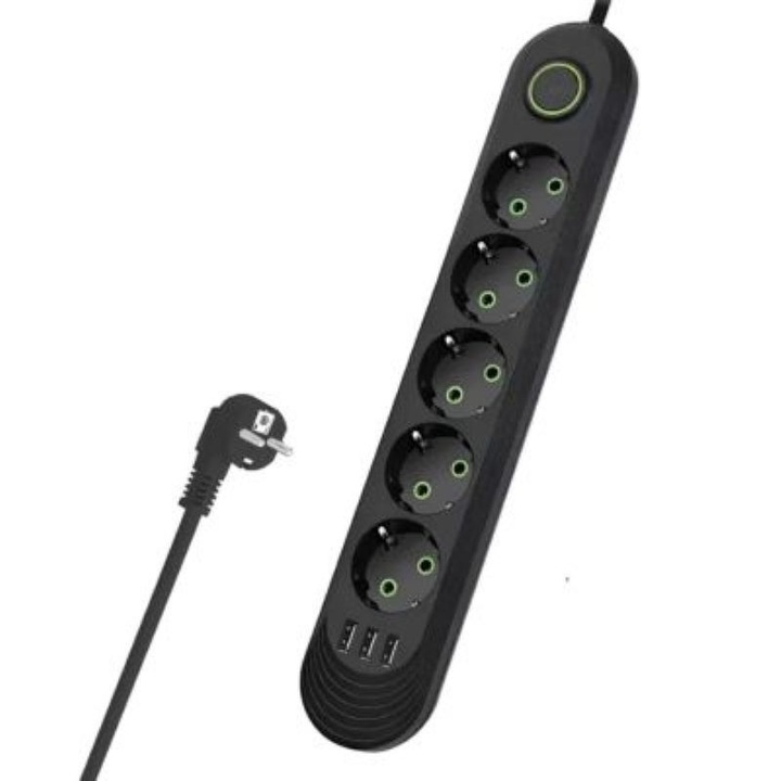 3-метров електрически удължителен кабел с 5 гнезда и 3 USB порта, скоба за окачване, устойчив на висока температура, ключ, черен 2500 W