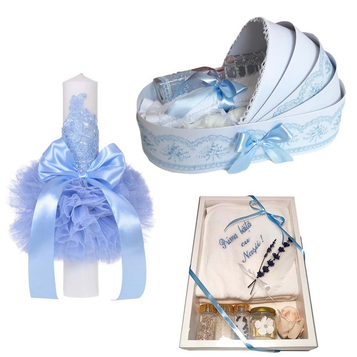 Set trusou botez in landou, lumanare dantela si set pentru prima baita dupa botez pentru baieti, culoare bleu, Denikos NK123